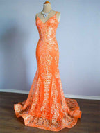 Orange Sequin Applique Mermaid Spaghetti Strap Prom Dress