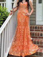 Orange Sequin Applique Mermaid Spaghetti Strap Prom Dress