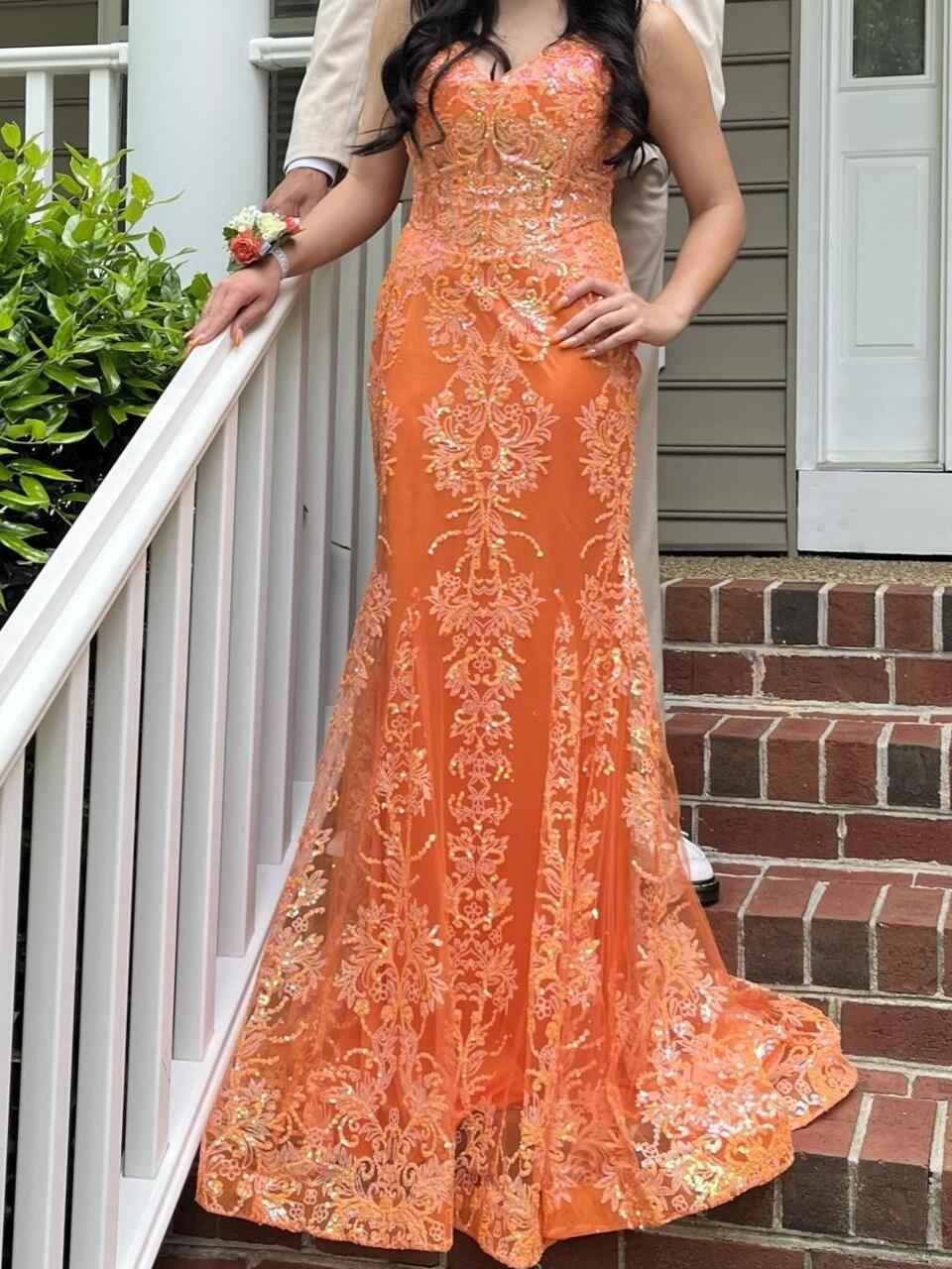 Orange Sequin Applique Mermaid Spaghetti Strap Prom Dress
