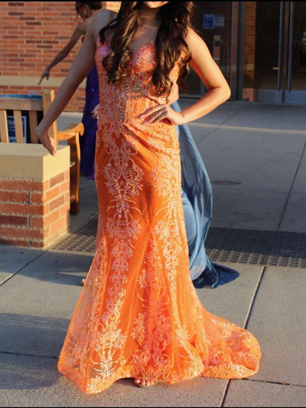 Orange Sequin Applique Mermaid Spaghetti Strap Prom Dress