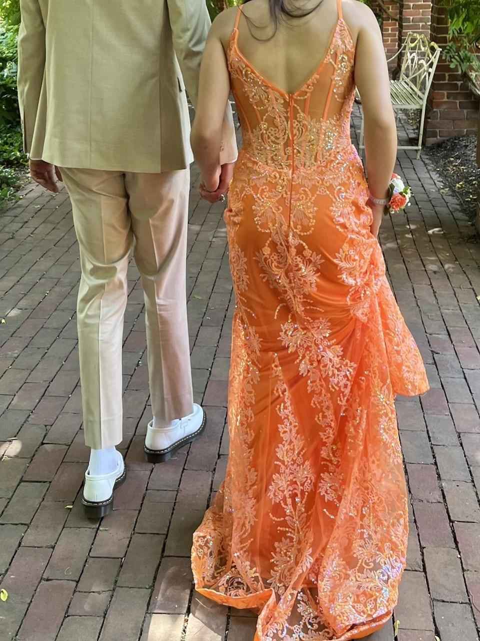 Orange Sequin Applique Mermaid Spaghetti Strap Prom Dress