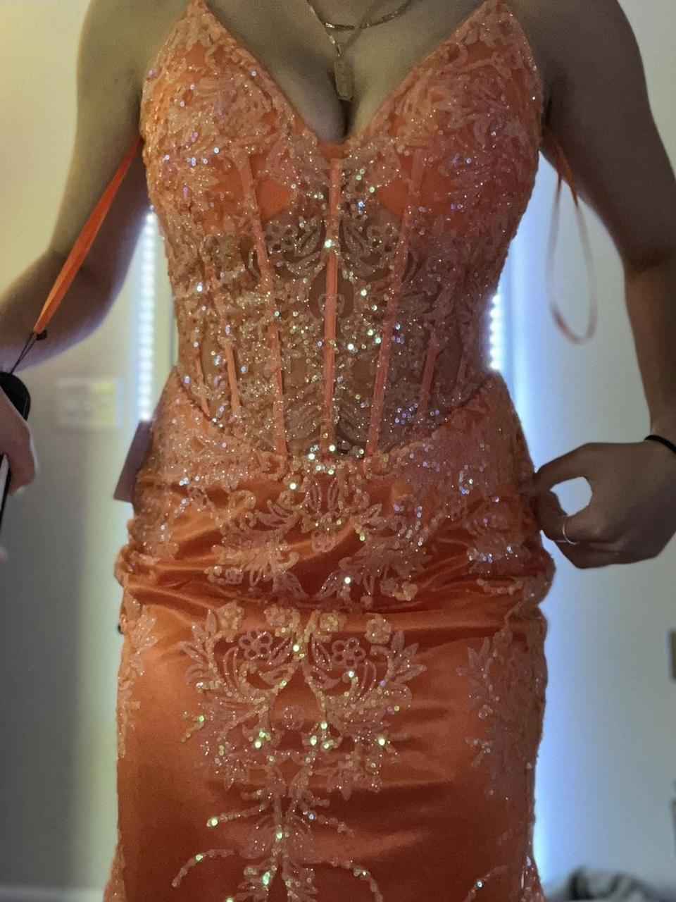 Orange Sequin Applique Mermaid Spaghetti Strap Prom Dress