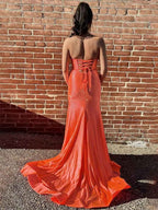 Orange Strapless Mermaid Prom Dress With Beads And Laceup Back