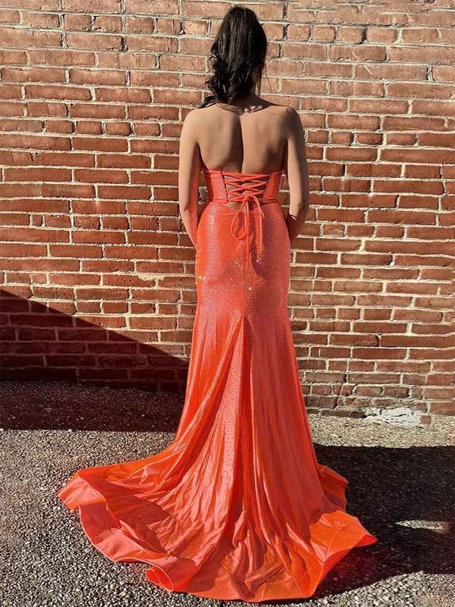 Orange Strapless Mermaid Prom Dress With Beads And Laceup Back