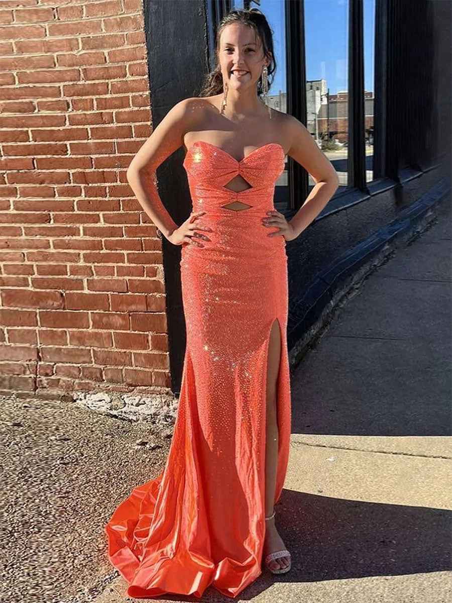 Orange Strapless Mermaid Prom Dress With Beads And Laceup Back