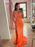 Neon Orange Off Shoulder Crystal Corset Sequin Prom Dress With Slit