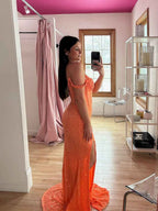 Neon Orange Off Shoulder Crystal Corset Sequin Prom Dress With Slit