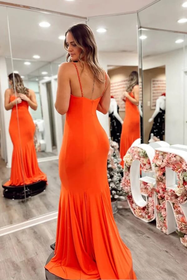 Vestidos de fiesta de satén elástico con tirantes finos y cola de sirena