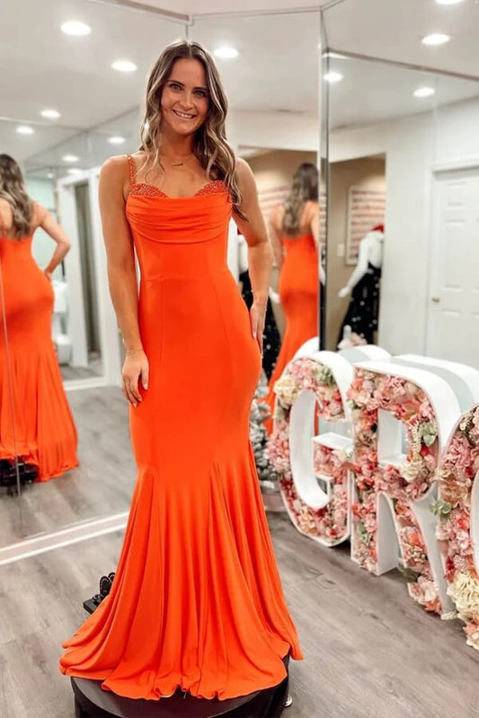 Vestidos de fiesta de satén elástico con tirantes finos y cola de sirena