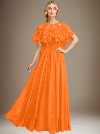 Vestido de madre de la novia de gasa con encaje, escote barco, largo hasta el suelo, con apliques de lentejuelas 