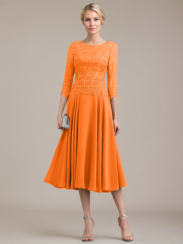 A-Linie U-Ausschnitt Wadenlang Chiffon-Kleid für die Brautmutter 