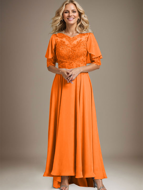 Robe de mère de la mariée en mousseline et dentelle asymétrique à encolure dégagée en ligne A avec perles