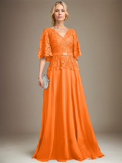 A-Linie V-Ausschnitt Bodenlang Chiffon Spitze Mutter der Braut Kleid Mit Kristall Brosche Strass 
