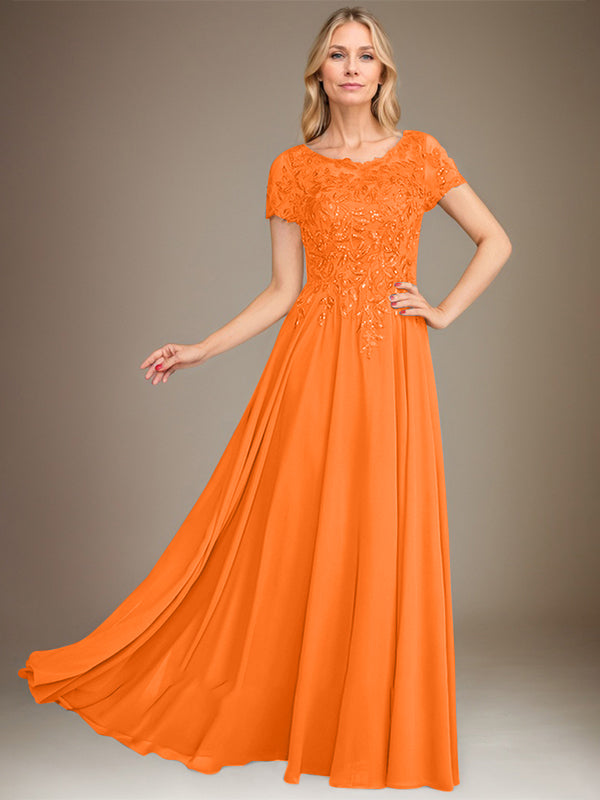 Robe de mère de la mariée en mousseline, longueur au sol, coupe en A, décolleté arrondi, ornée d'appliques et de paillettes
