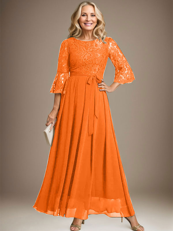 Robe de mère de la mariée en mousseline de soie à dentelle, longueur cheville, en forme trapèze avec encolure dégagée et nœud