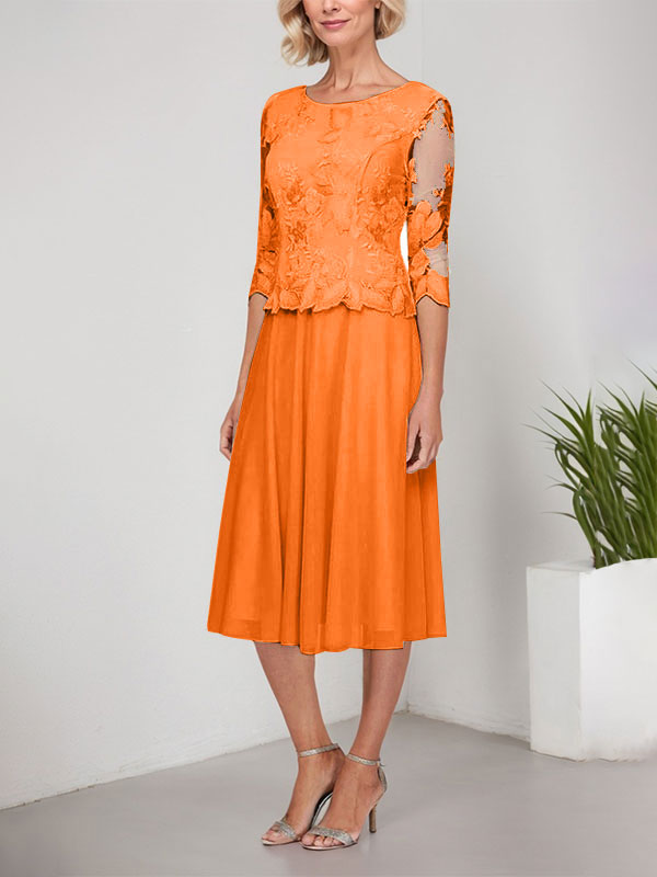 A-Linie U-Ausschnitt Wadenlang Spitzen Chiffon Mutter der Braut Kleid mit Stickerei 