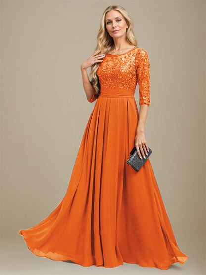 A-Linie U-Ausschnitt Bodenlang Spitzen-Chiffon-Kleid für die Brautmutter mit Paillettenapplikation 