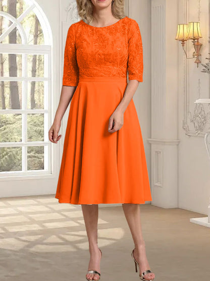 A-Linie U-Ausschnitt Knielang Chiffon Spitzenkleid für die Brautmutter