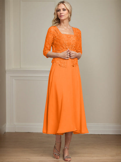 A-Linie Quadratisches Wadenlanges Chiffon-Spitzenkleid für die Brautmutter mit Pailletten und Perlen 