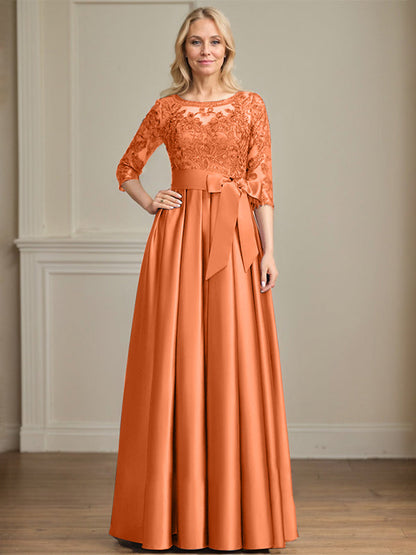 A-Linie, U-Ausschnitt, Illusion, bodenlanges Satin-Spitzenkleid für die Brautmutter mit Paillettenschleife 