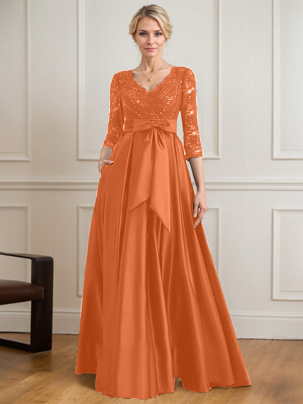 A-Linie V-Ausschnitt Bodenlanges Satin-Spitzenkleid für die Brautmutter mit Paillettenschleife 