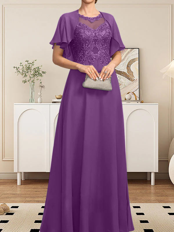 A-Linie, U-Ausschnitt, Illusion, bodenlanges Spitzen-Chiffon-Kleid für die Brautmutter mit Pailletten