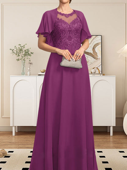 A-Linie, U-Ausschnitt, Illusion, bodenlanges Spitzen-Chiffon-Kleid für die Brautmutter mit Pailletten