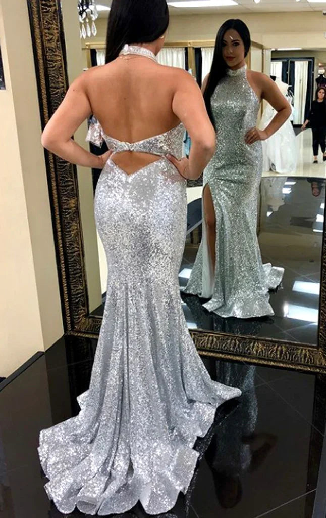 Abito da sera formale argento con paillettes a sirena e scollo all'americana Y1506