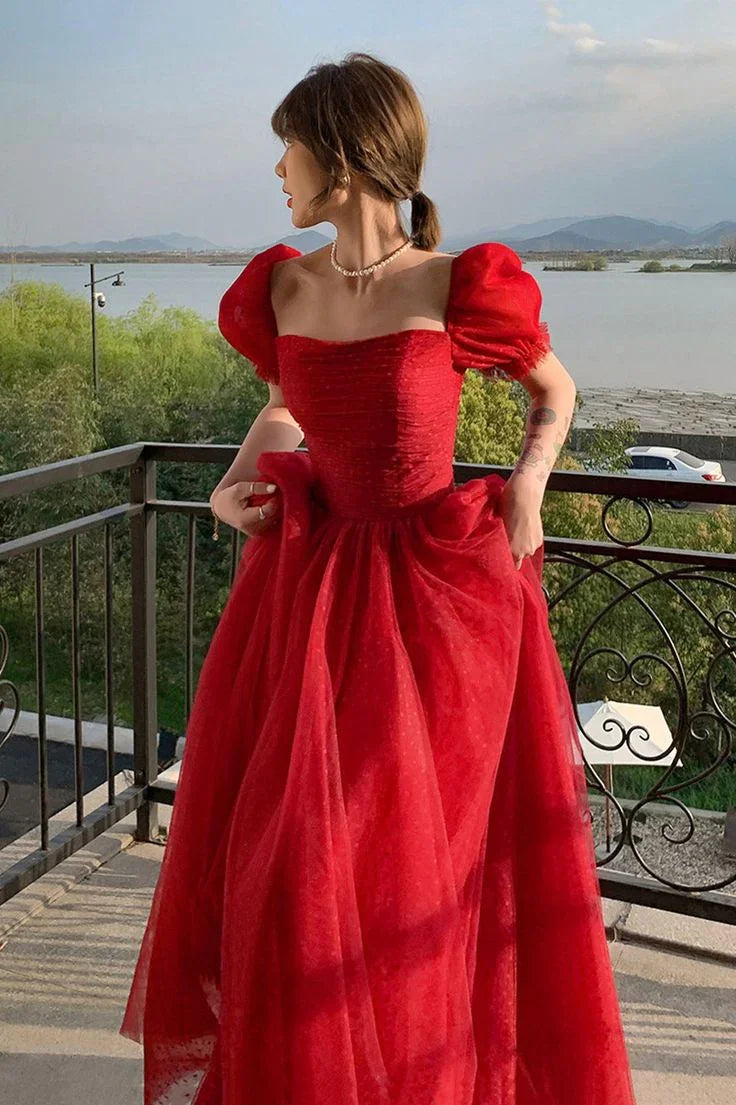 Bellissimo abito da sera lungo in tulle rosso a linea ad A Y7771