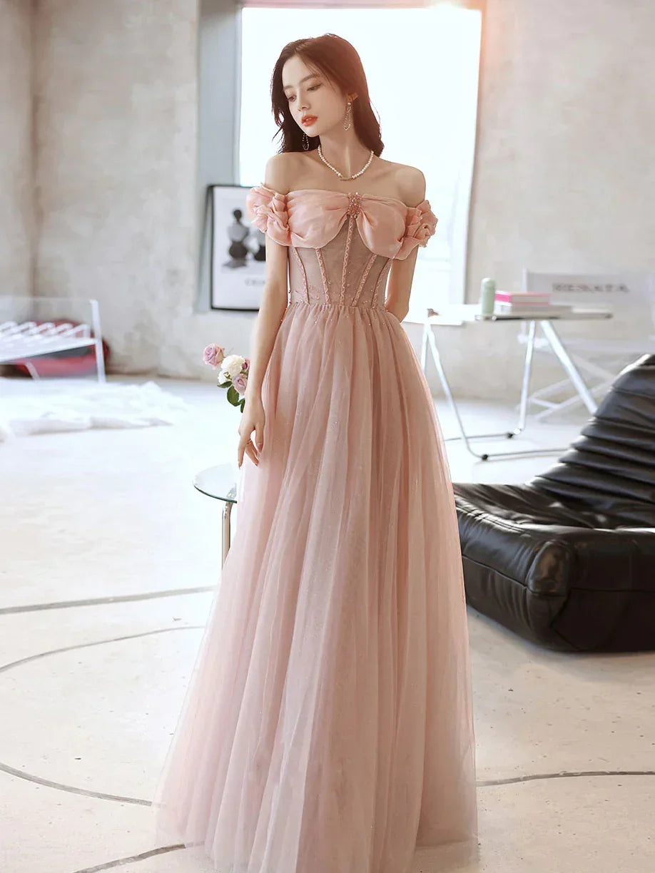 Vestido largo de fiesta rosa con cuello corazón, tul y cuentas, vestido de noche rosa, Y2406