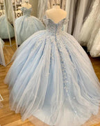 Robe de bal en tulle bleu à dentelle, décolleté bardot, robe bleue pour seize ans, robe de princesse Y2061