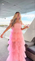 Vestido largo elegante de tul rosa con capas para baile de graduación, vestido de noche rosa Y2303