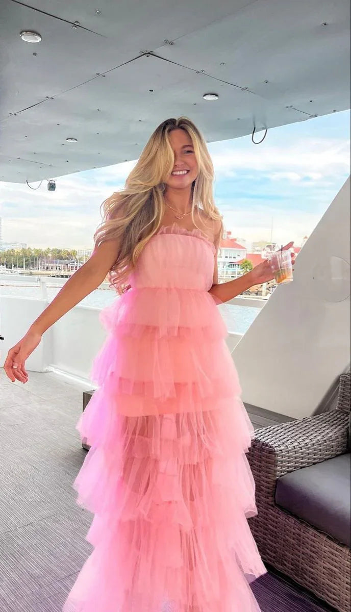 Vestido largo elegante de tul rosa con capas para baile de graduación, vestido de noche rosa Y2303