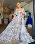 Vestido largo elegante de fiesta con flores y escote barco, vestido de noche de tul Y5889