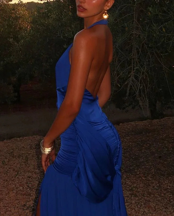 Sexy Halter Backless Blue Long Prom Evening Dress Y7889