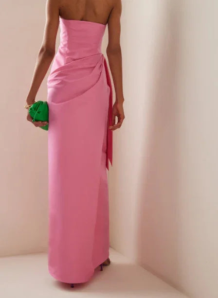 Elegante abito da sera rosa lungo fino a terra senza spalline Y8406