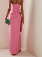 Elegante abito da sera rosa lungo fino a terra senza spalline Y8406