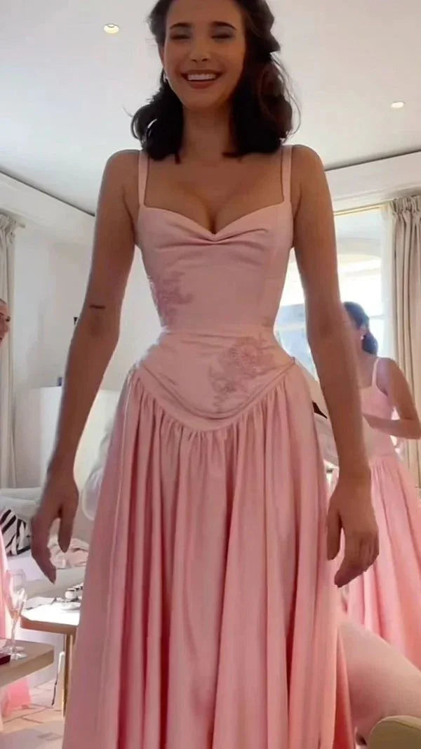 Vestido Longo de Cetim Rosa Elegante em Linha A com Alças Finas para Festa Y7820