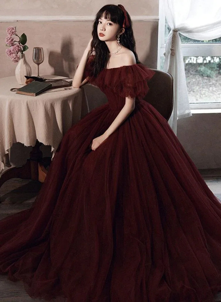 Robe de bal bordeaux à épaules dénudées en tulle, coupe ligne, robe de soirée Y8351