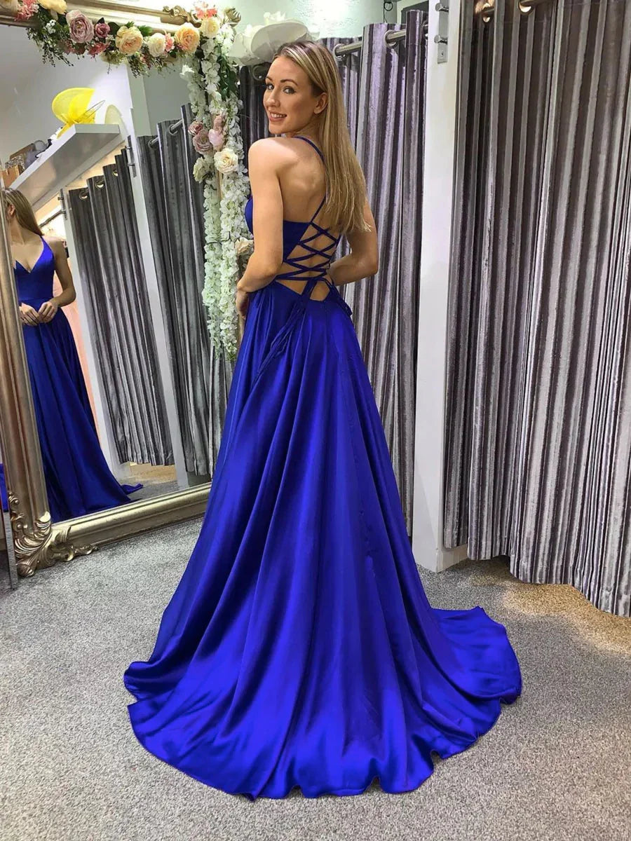 Vestido longo azul simples em linha A para baile, vestido de noite azul sem costas Y367