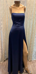 Vestido Clássico de Baile Azul-Marinho em Linha A com Fenda Vestido Simples de Noite para Adolescentes Y6772