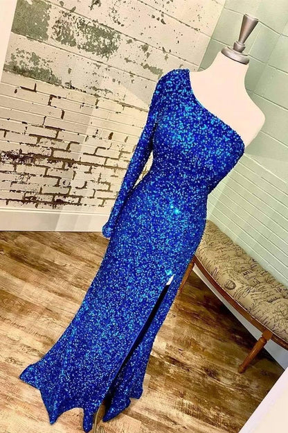 Vestido formal largo con lentejuelas azul Tiffany, manga larga y un solo hombro