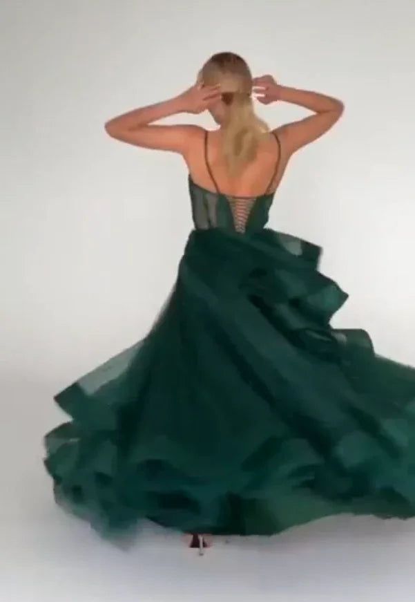 Vestido de Noite Brilhante Verde Corpete Vestido de Noite em Linha A Y6339