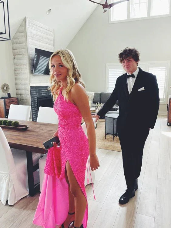 فستان سهرة طويل مزين بالترتر بدون أكمام موديل Y5432