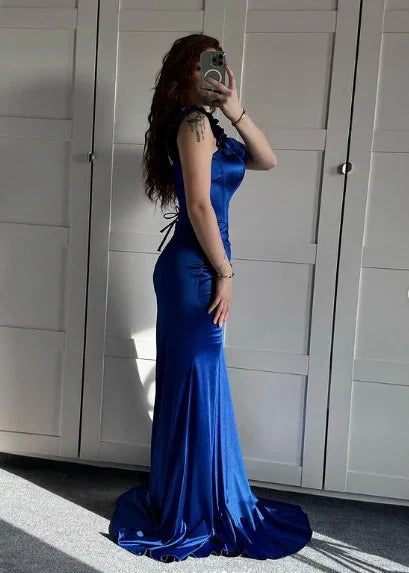 Abito da sera sirena blu con spalle scoperte, abito formale per ballo Y7842