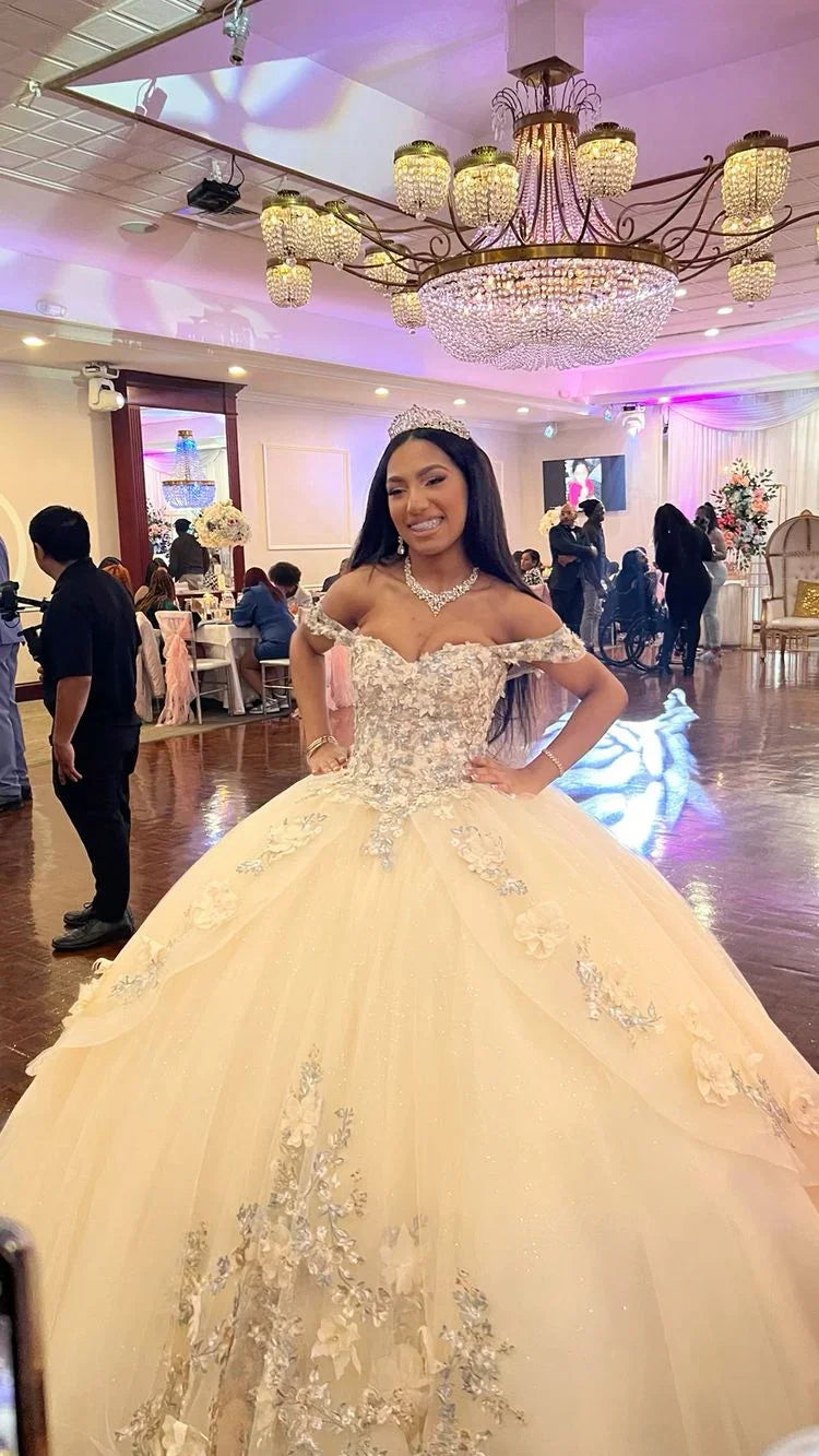 Abito color mela cotogna champagne con fiori abito da sedici anni dolce stile ballo con spalle scoperte Y3026