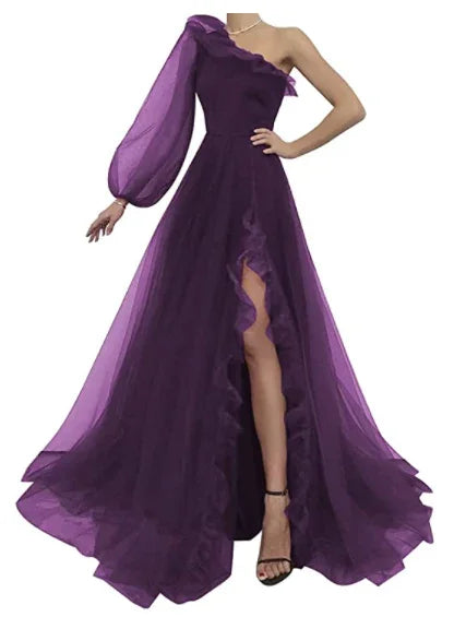 Abito da sera in tulle bordeaux monospalla S17925