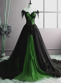 Vestido de Festa Longo Verde Único com Decote Ombro a Ombro, Corte em A, Coração e Tule Y7795