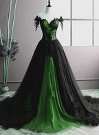 Vestido de Festa Longo Verde Único com Decote Ombro a Ombro, Corte em A, Coração e Tule Y7795