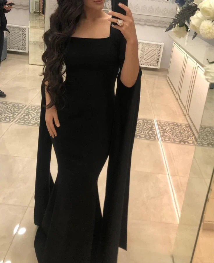 Elegante abito da sera nero a sirena con scollo quadrato, abito da gala nero Y5557